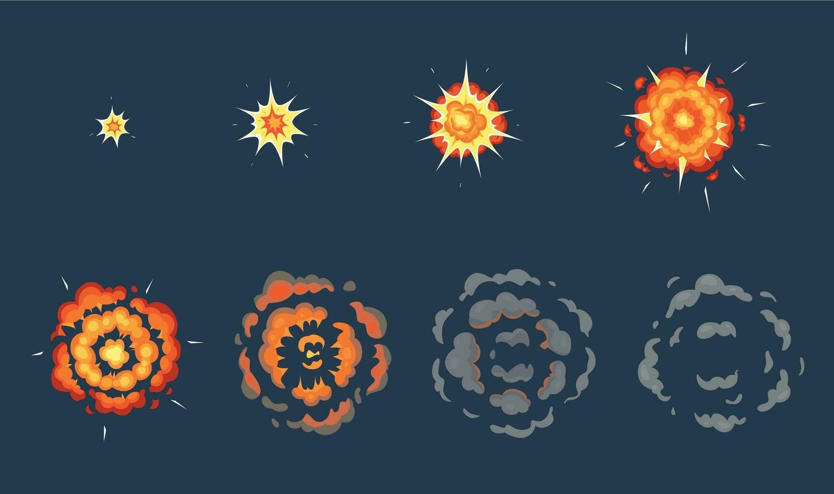 Cartoon explosion animation. Exploding effect frames, animated shot explode with smoke clouds vector illustration set