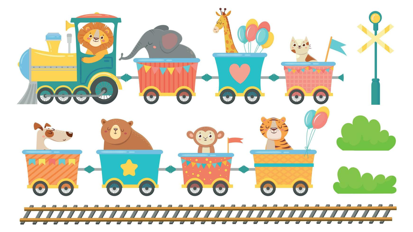 Cute animals on train. Happy animal in railroad car, little pets ride on toy locomotive cartoon vector illustration set