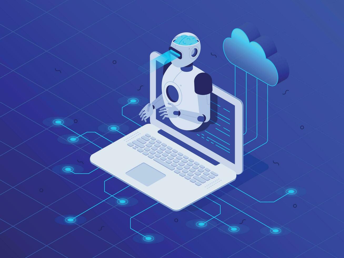 Artificial intelligence on laptop screen. Cloud neural network, AI robot 3D isometric vector illustration