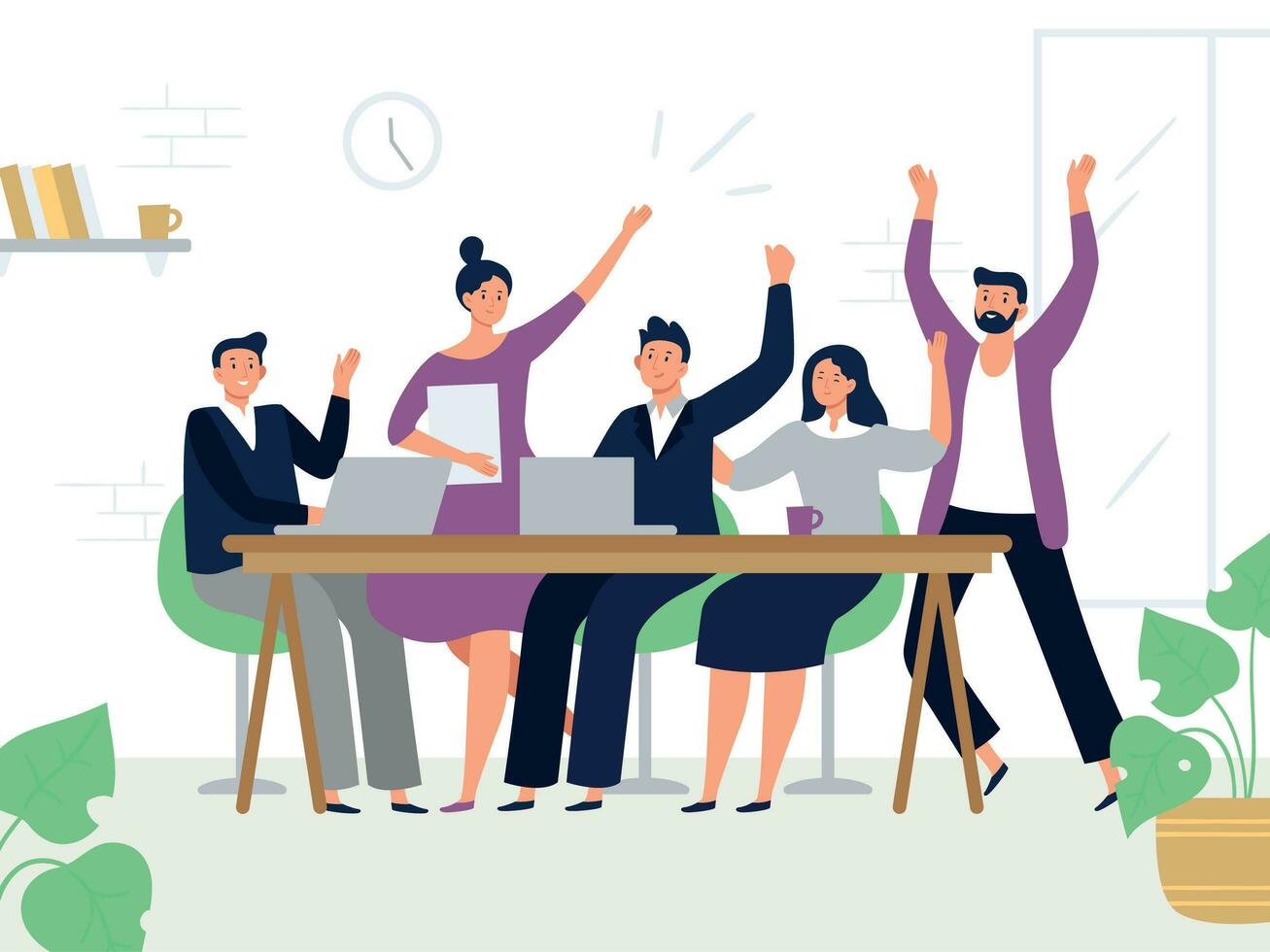 Excited office workers team. Successful managers, happy professional work group and colleagues rejoicing together. Teamwork flat vector illustration