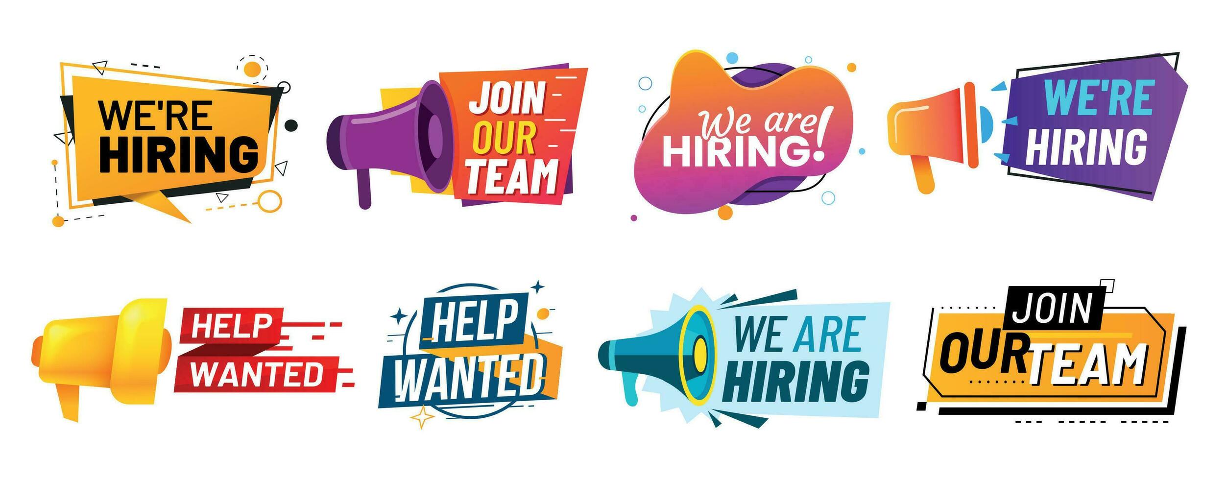 Join our team banners. We are hiring communication poster, help wanted advertising banner with speaker and vacant badge vector set