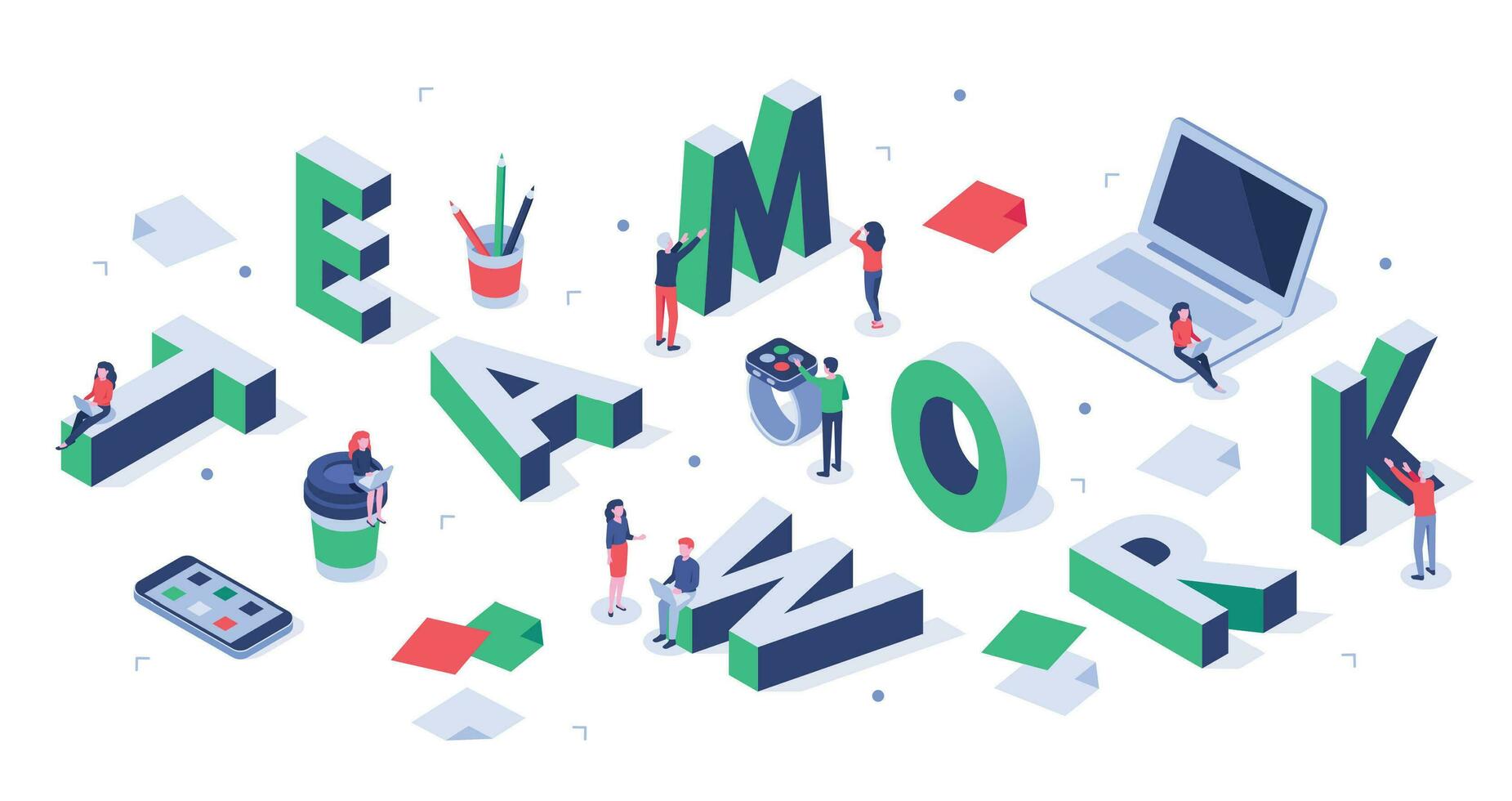Isometric teamwork lettering. Creative team, business people partnership and successful people working together vector illustration