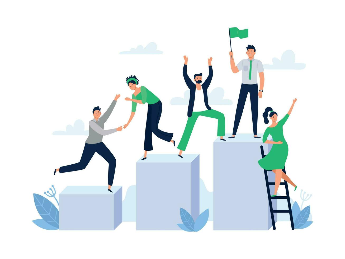Career ladder with team people. Office worker hold flag, group leader and team building flat vector illustration