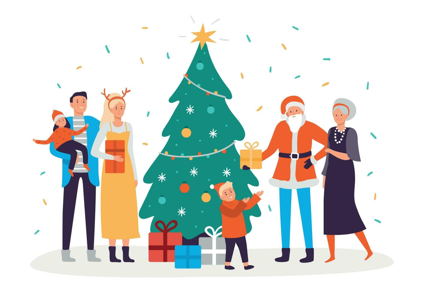 contento familia decora Navidad árbol. fiesta decoraciones y Navidad guirnaldas, personas decorando 2020 nuevo año árbol vector ilustración