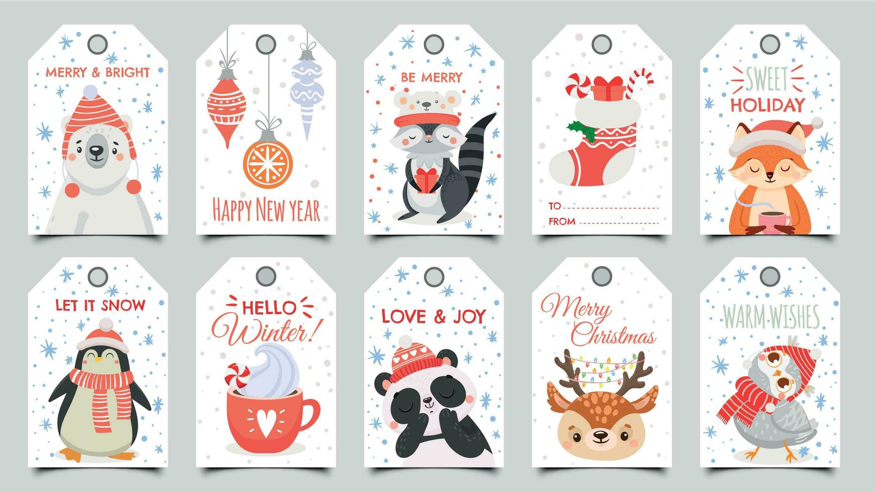 Cute animals christmas tags. Holiday gift tag with winter owl, deer and bears. Happy animal celebrate xmas label cartoon vector set