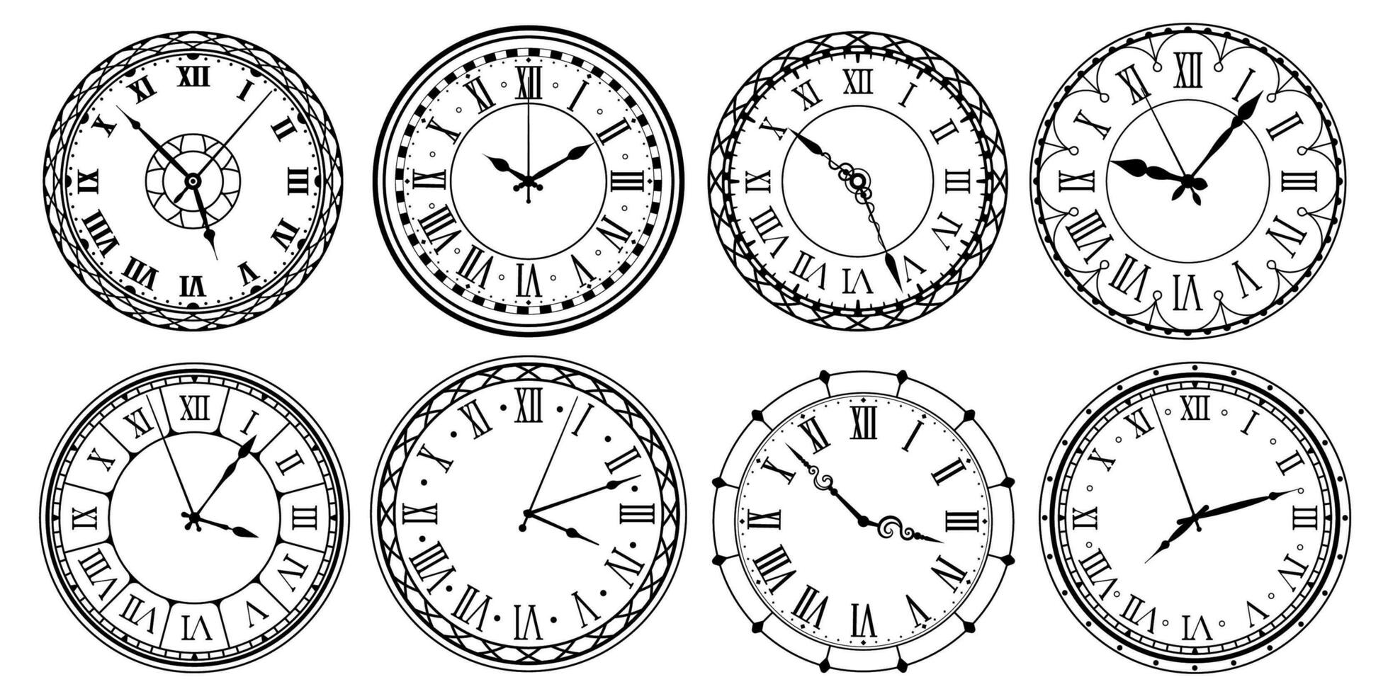 Clásico reloj rostro. retro relojes esfera de reloj con romano numerales, florido reloj y grotesco relojes diseño vector ilustración conjunto