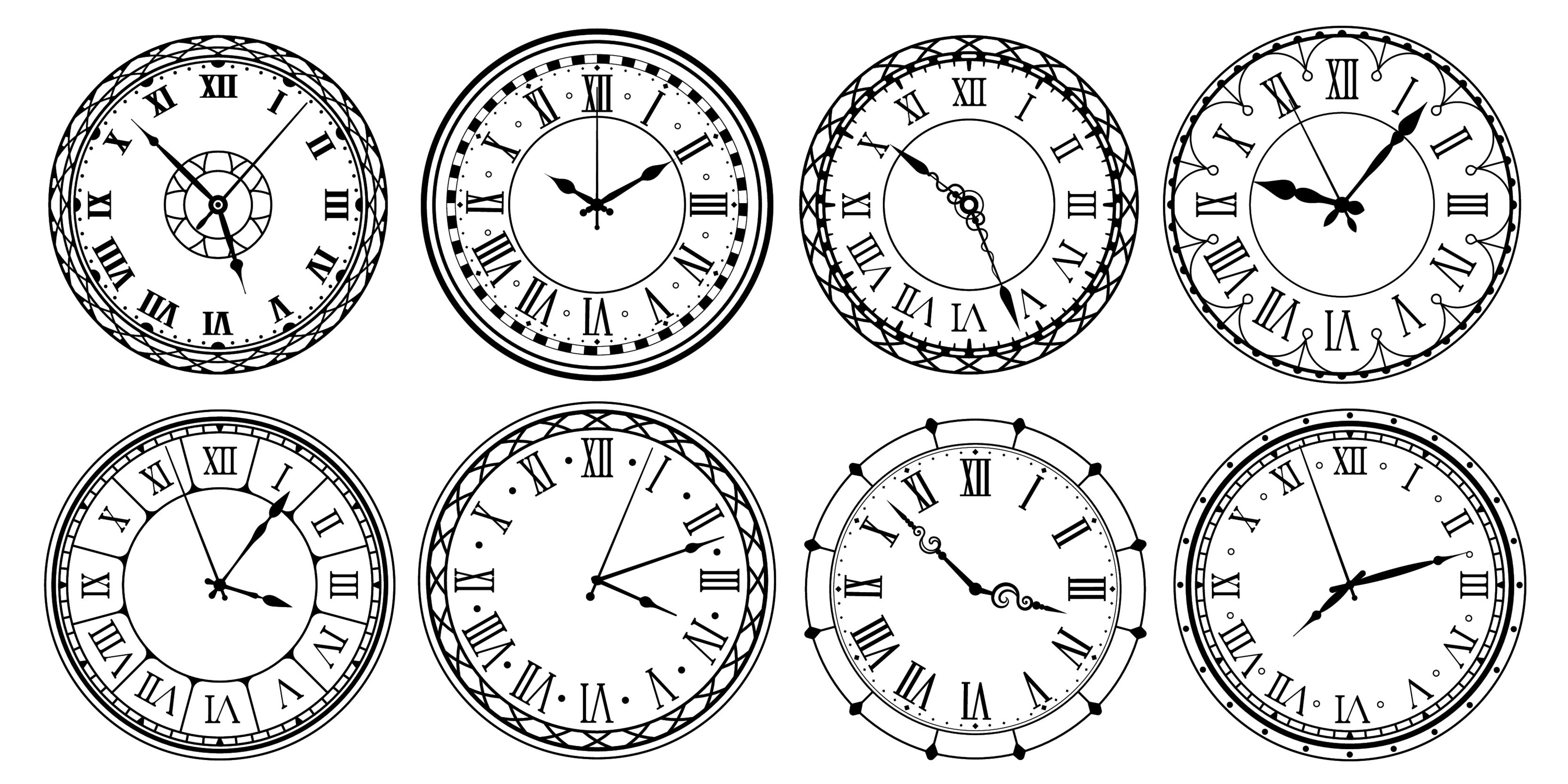 Vintage clock face. Retro clocks watchface with roman numerals, ornate
