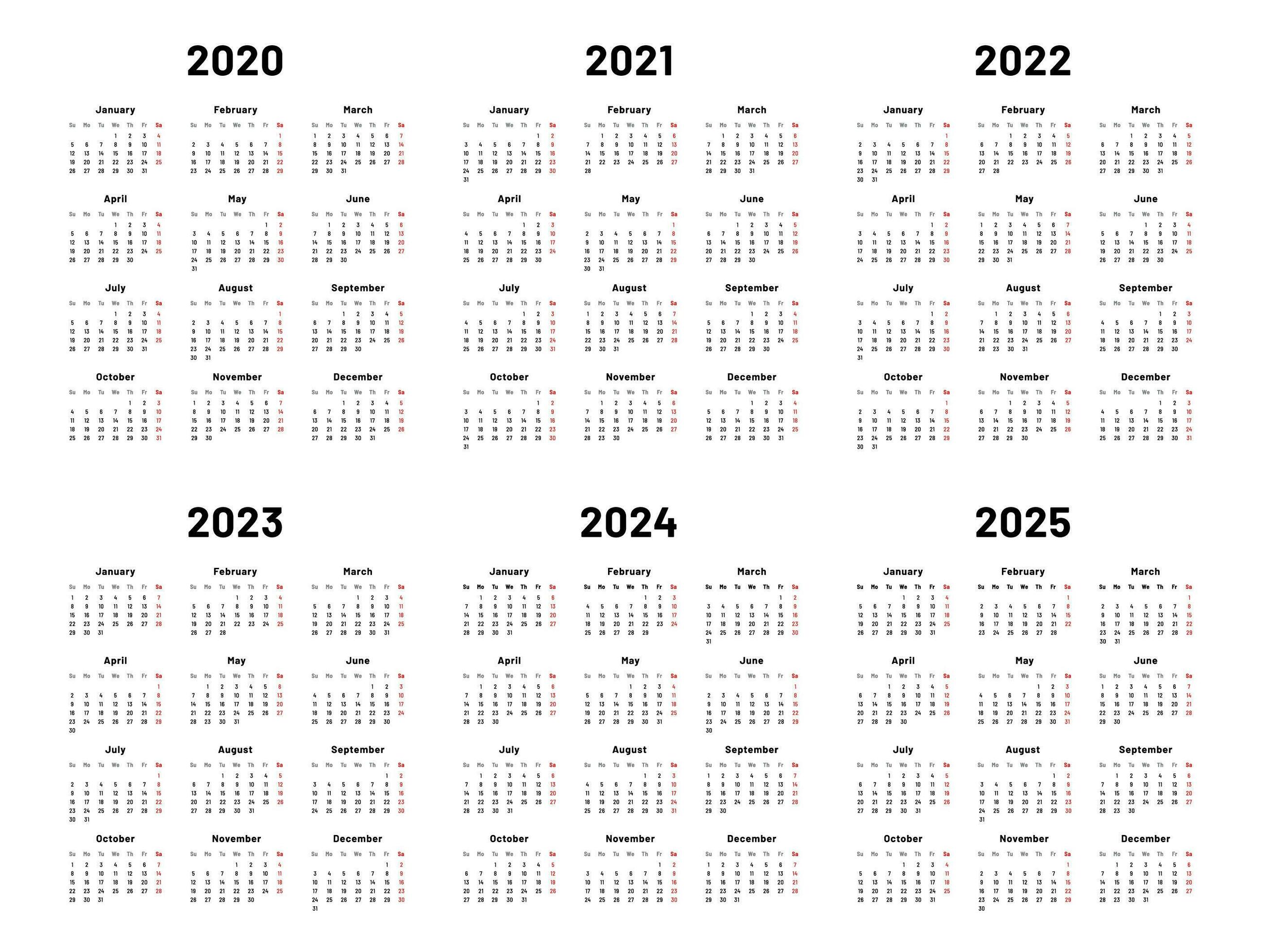 Calendar grid. 2020 2021 and 2022 yearly calendars. 2023, 2024 years