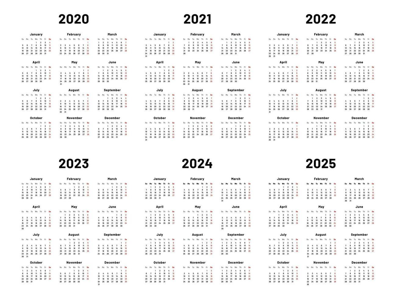 Calendar grid. 2020 2021 and 2022 yearly calendars. 2023, 2024 years