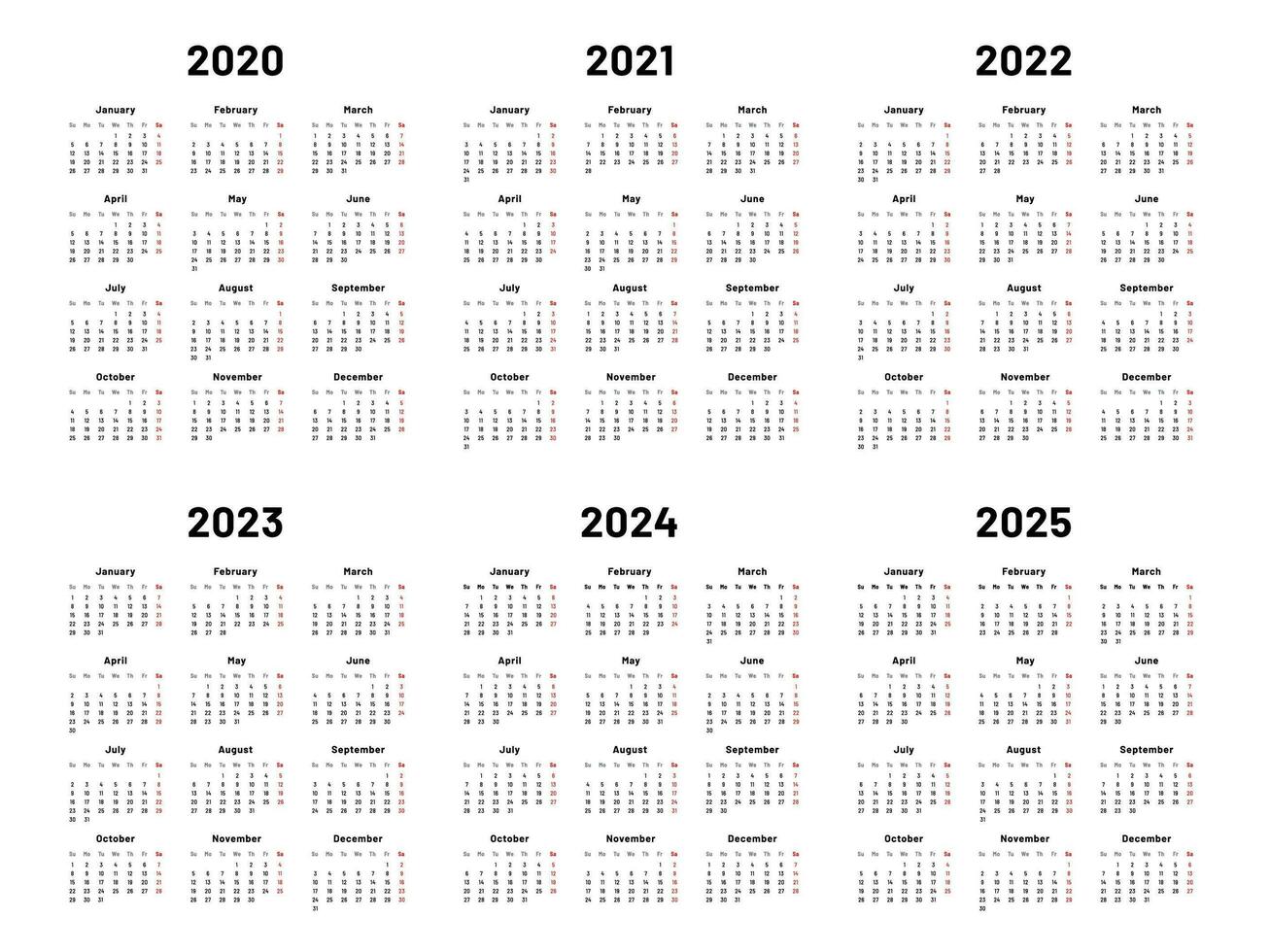 Calendar grid. 2020 2021 and 2022 yearly calendars. 2023, 2024 years organizer and 2025 year weekdays vector illustration set