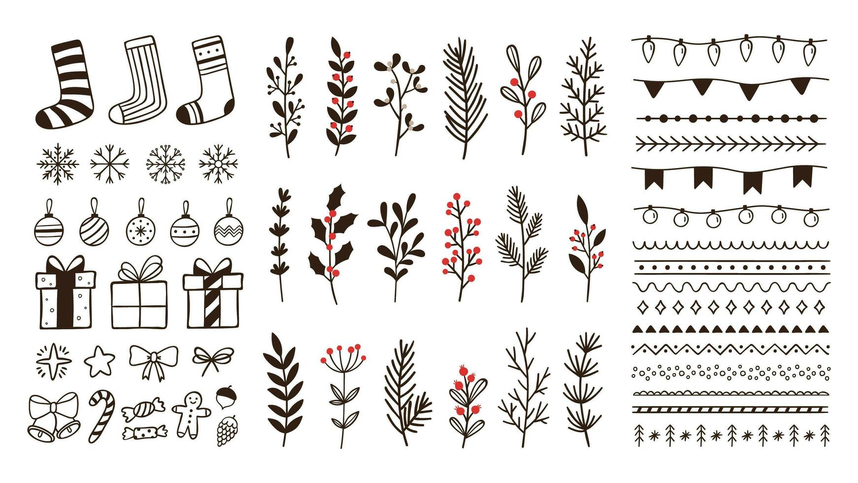 Hand drawn ornamental winter elements. Doodle christmas snowflake, floral branches and decorative borders vector set