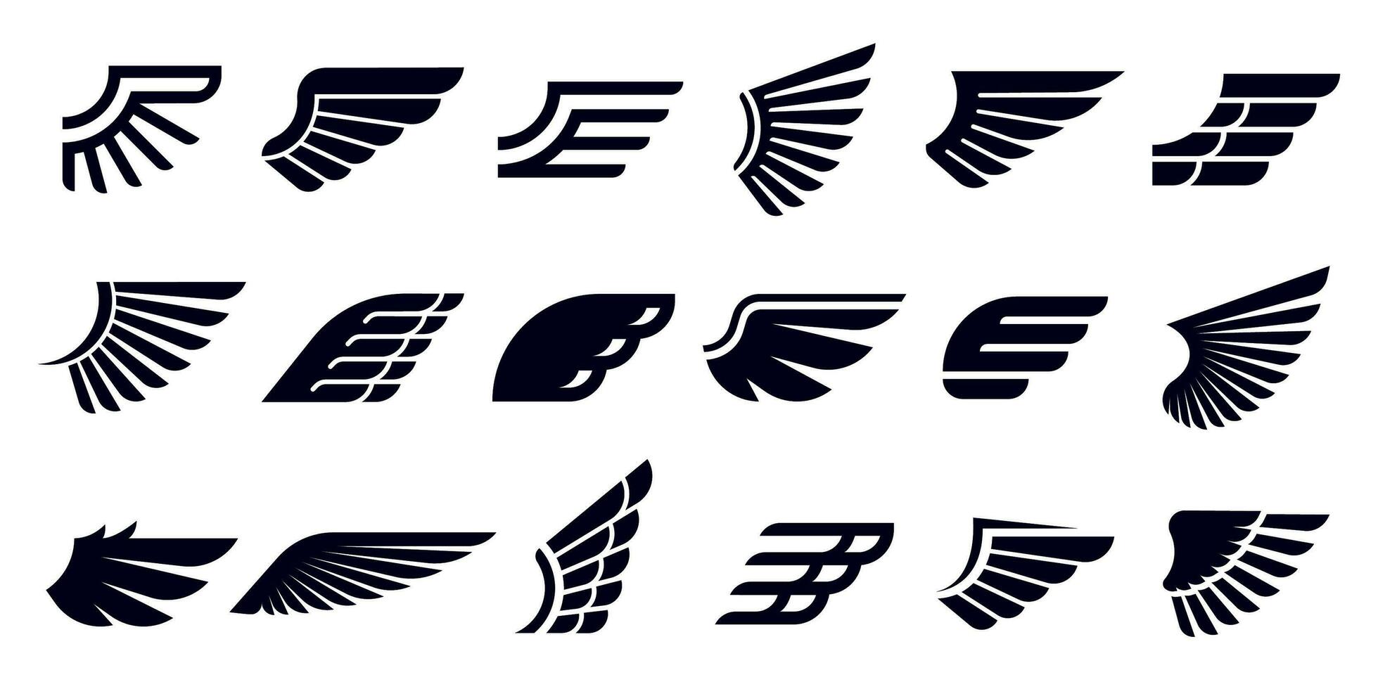 Silhouette wing icons. Bird wings, fast eagle emblem and decorative ornament angel wing stencil symbols vector bundle