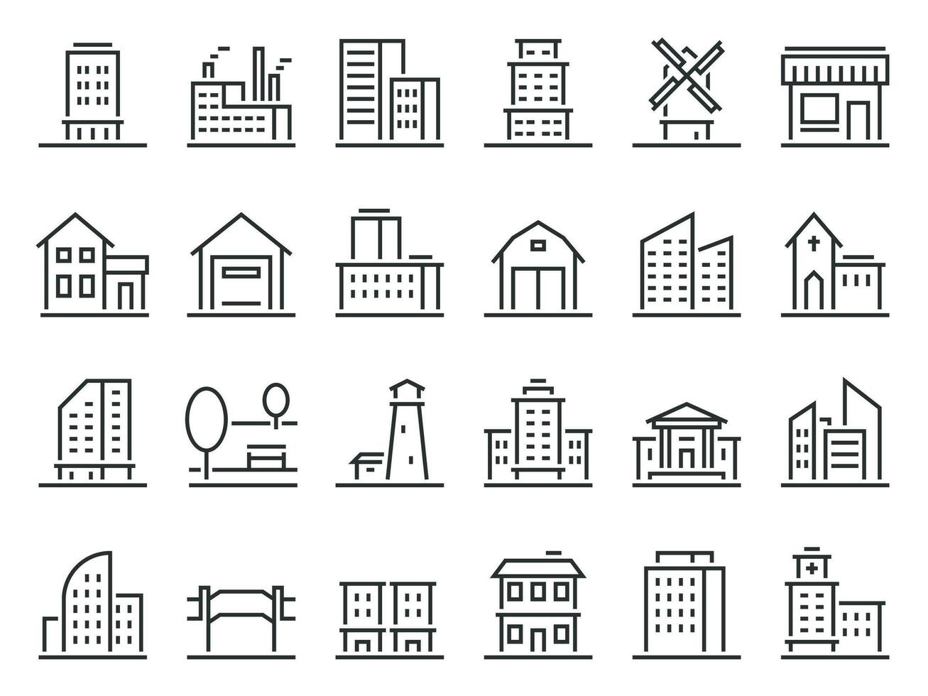 Line buildings icons. City building, hotel and store icon. Warehouse, industrial building and church vector set