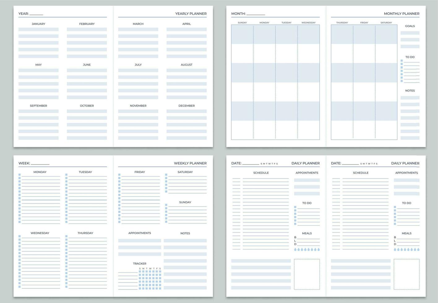 Planner note pages templates. Yearly, monthly and weekly planners. Daily tasks, goals and appointments template vector set