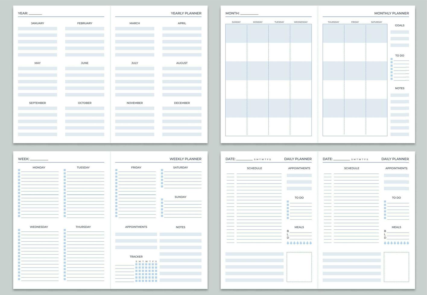 planificador Nota paginas plantillas. anual, mensual y semanal planificadores diario tareas, metas y equipo modelo vector conjunto