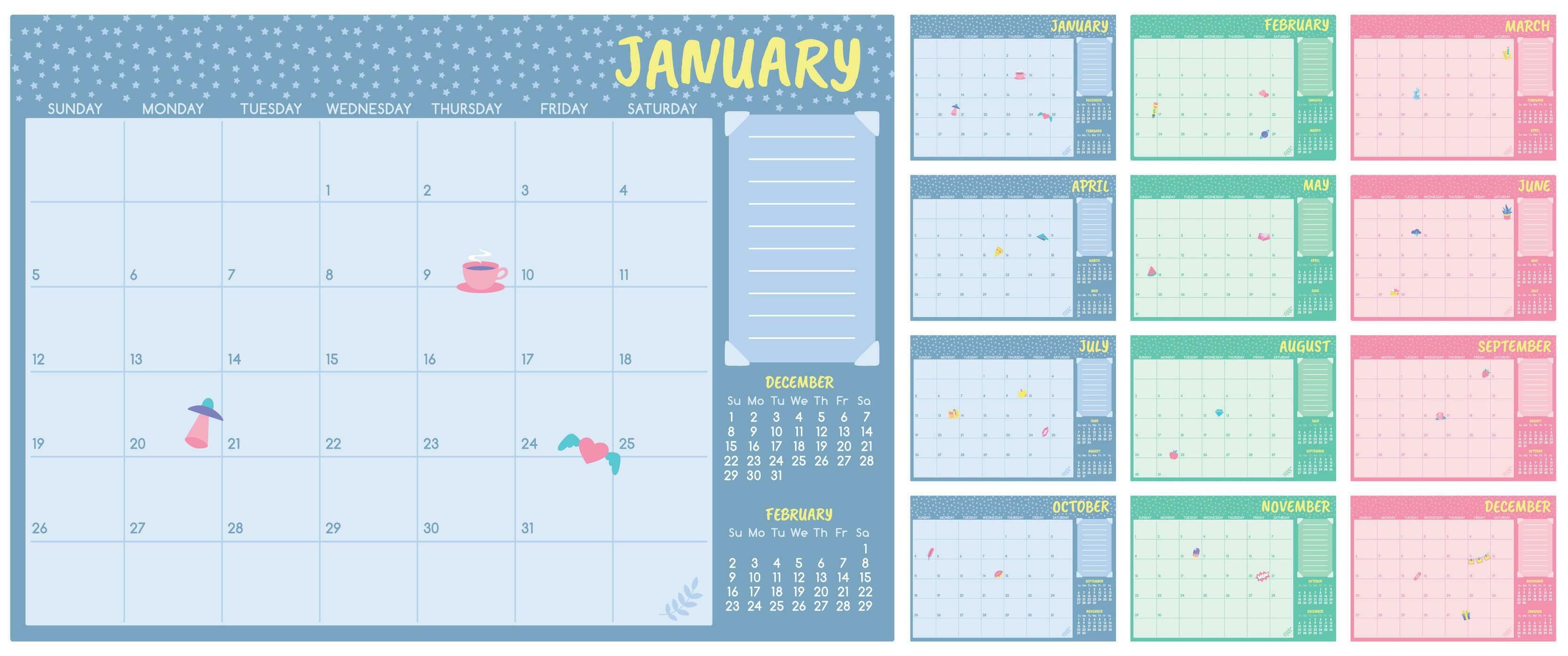Cute monthly planner template. Kids calendar, simple year months