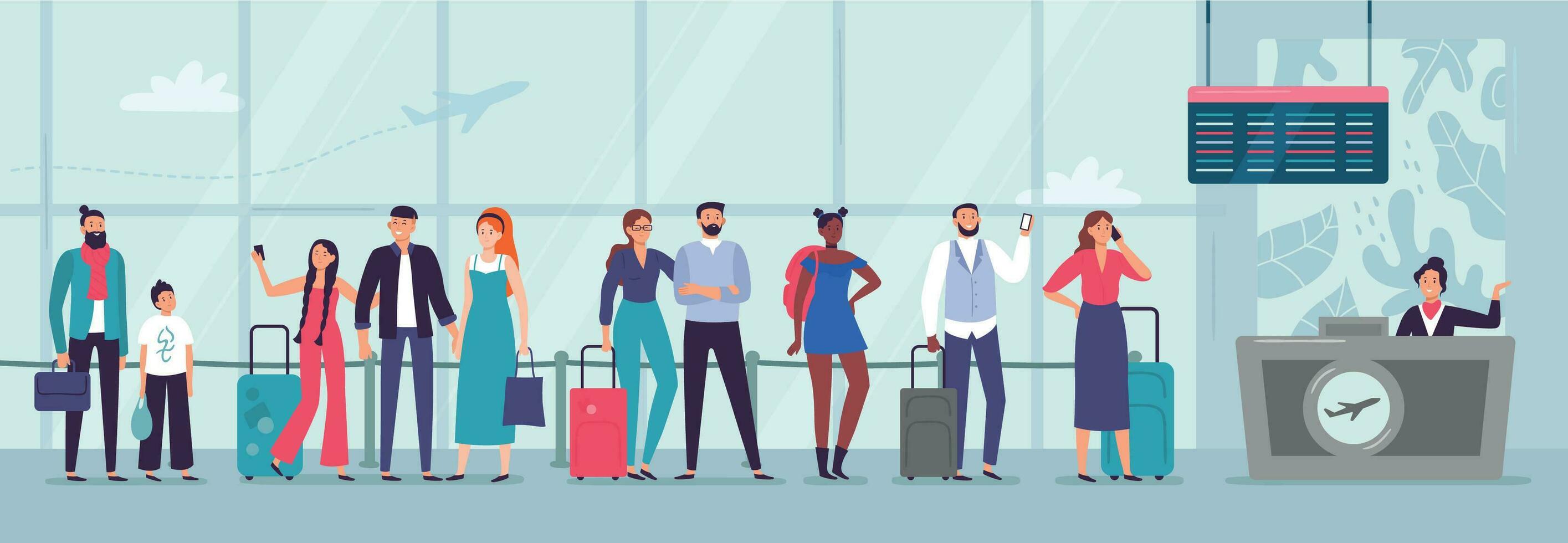 cola a aeropuerto registrarse. viajeros esperando en línea, personas Espere para avión y persona comprobación en aerolínea salida zona vector ilustración. comercial aerolíneas servicio. turistas yendo en vacaciones