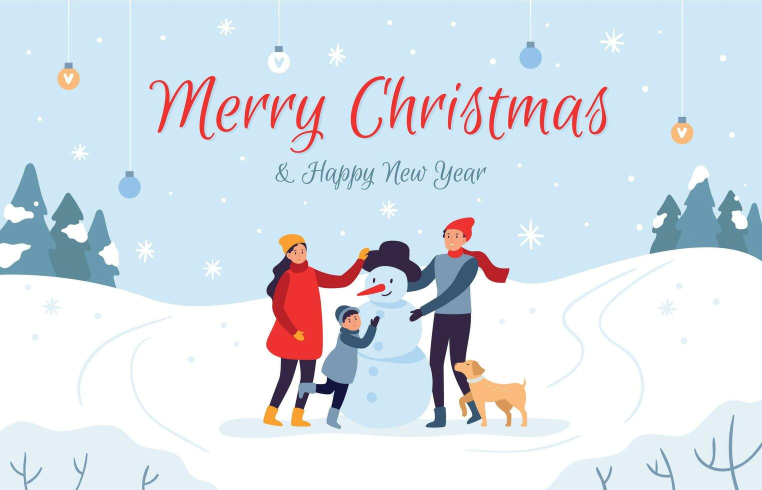 Family making snowman holiday card. Merry Christmas and Happy New Year, 2020 winter holidays vector illustration