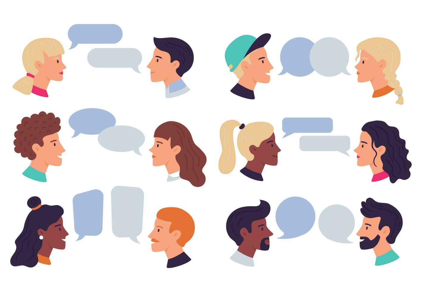 Speaking people. Couple conversation, dialogue bubbles and chat avatars profile portraits talk together vector illustration set