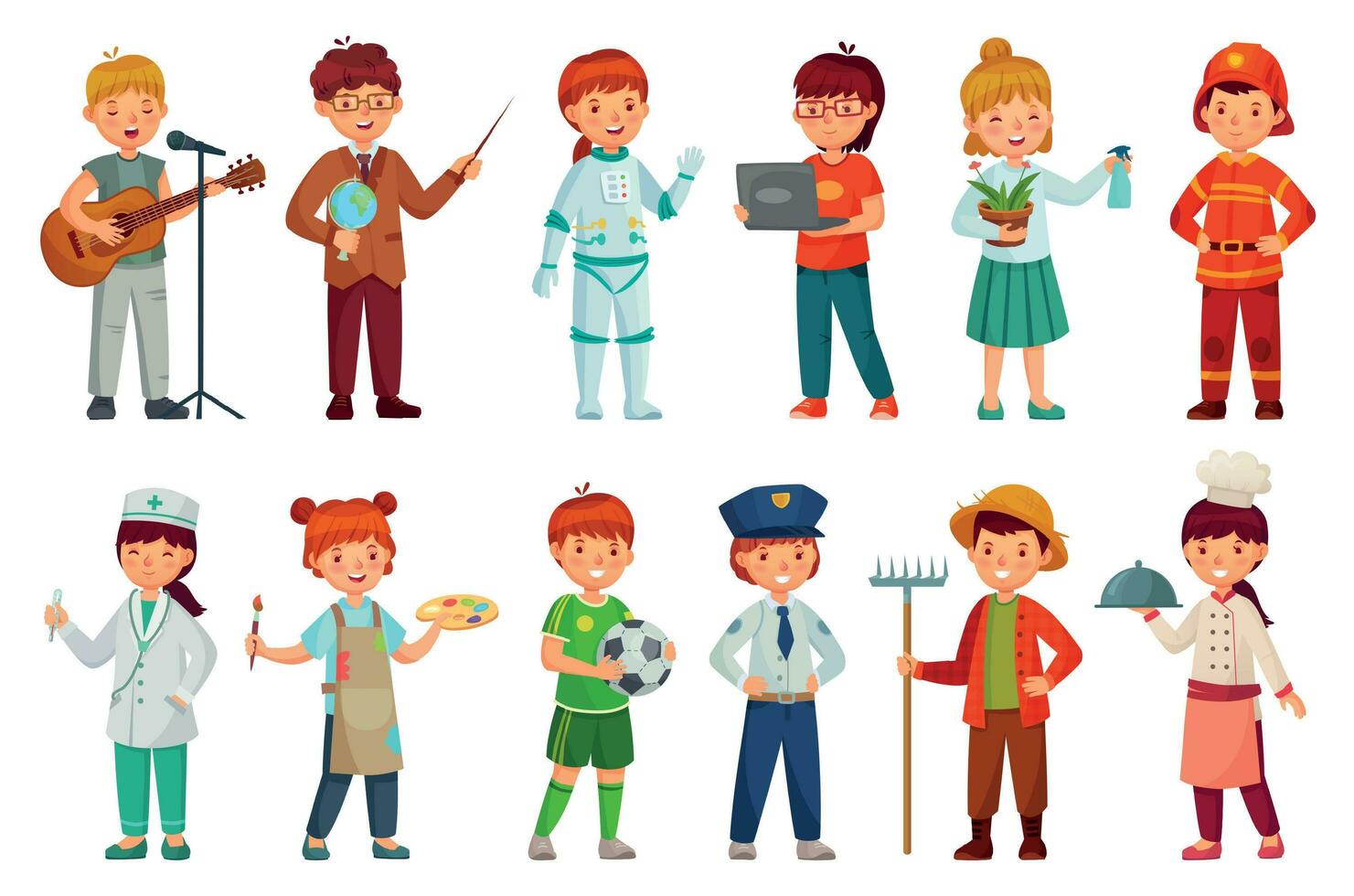 Kids workers. Child professional uniform, policeman kid and baby job professions cartoon vector set