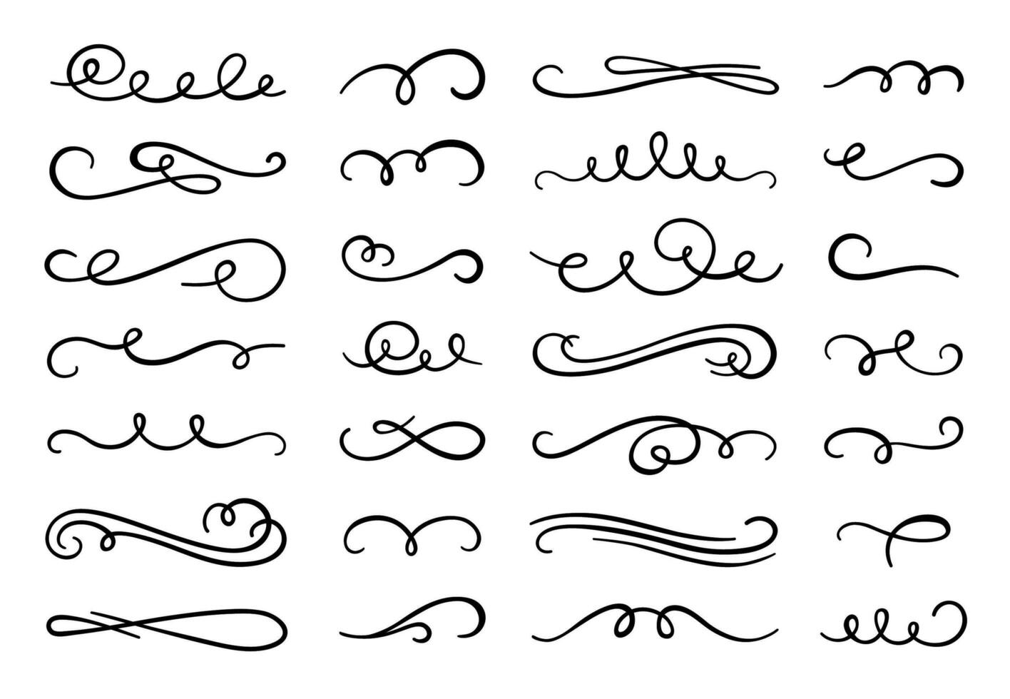 Calligraphy flourish. Decorative flourishes ornament, ornamental swirl and vintage scrolls curls vector set