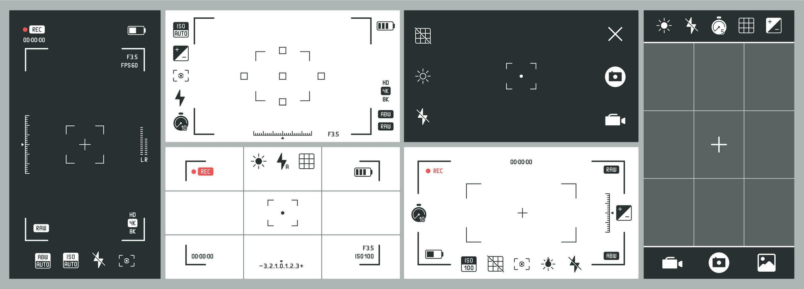 Photo camera viewfinder. Video recording, smartphone photography app ui and adjustment focus frame. Exposure settings vector set