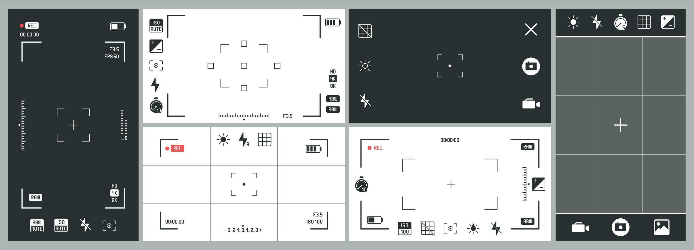 foto cámara visor. vídeo grabación, teléfono inteligente fotografía aplicación ui y ajustamiento atención marco. exposición ajustes vector conjunto