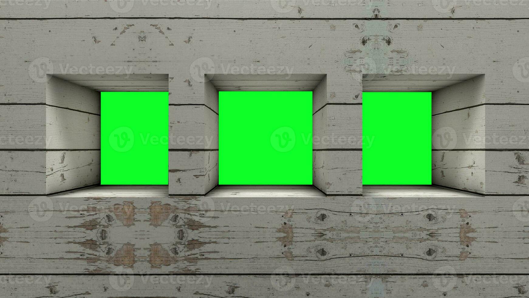 green screen frame on old brick wall behind silver stanchions photo