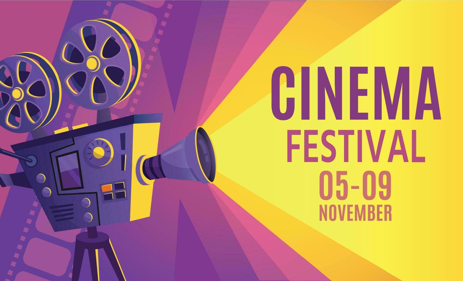 Cinema festival poster. Film billboard, retro movie camera and cinema projector cartoon vector illustration