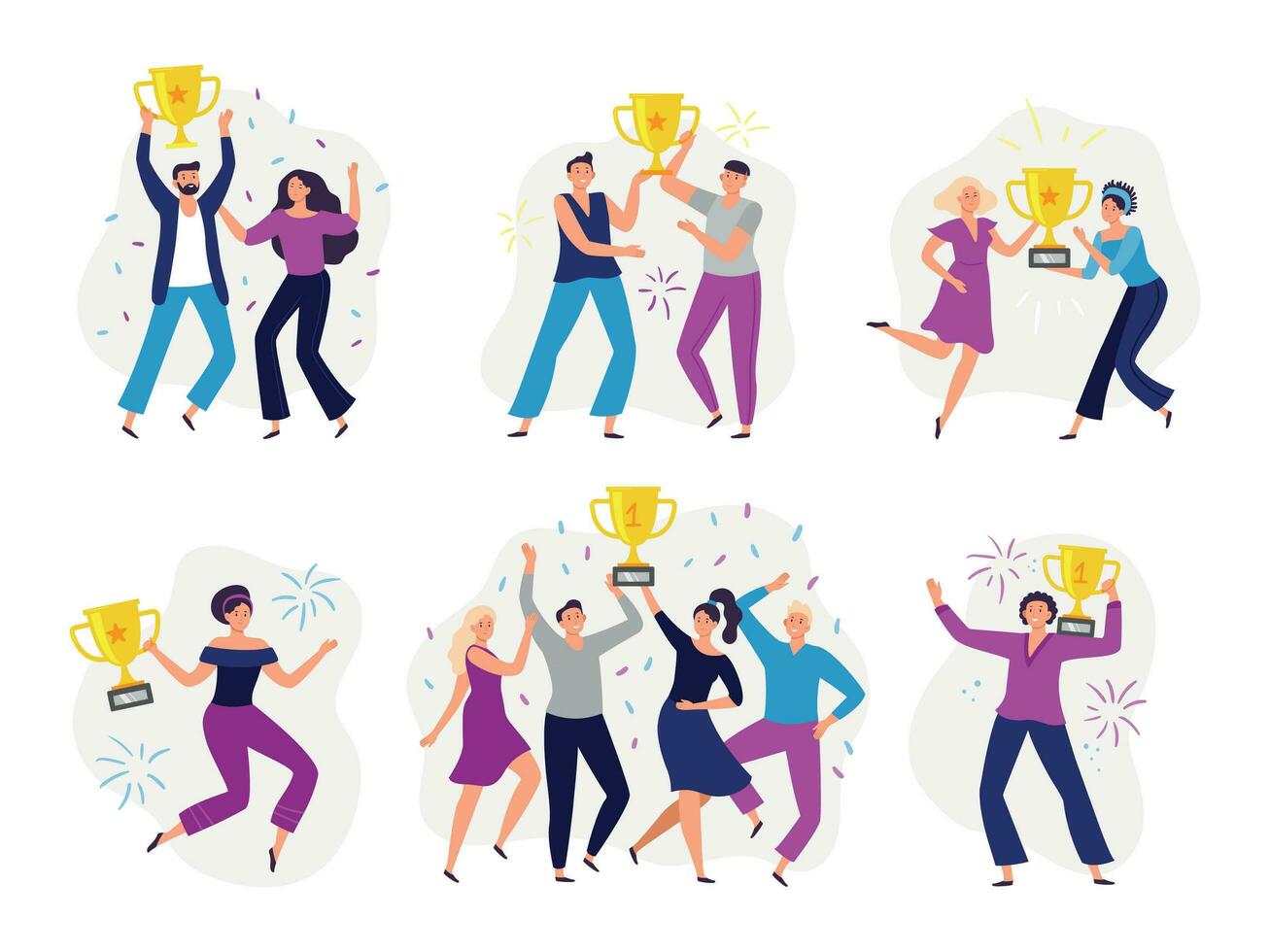 People win cup. Couple winners, man and woman holding gold cup. Success business tram win prize and celebrating victory vector illustration set