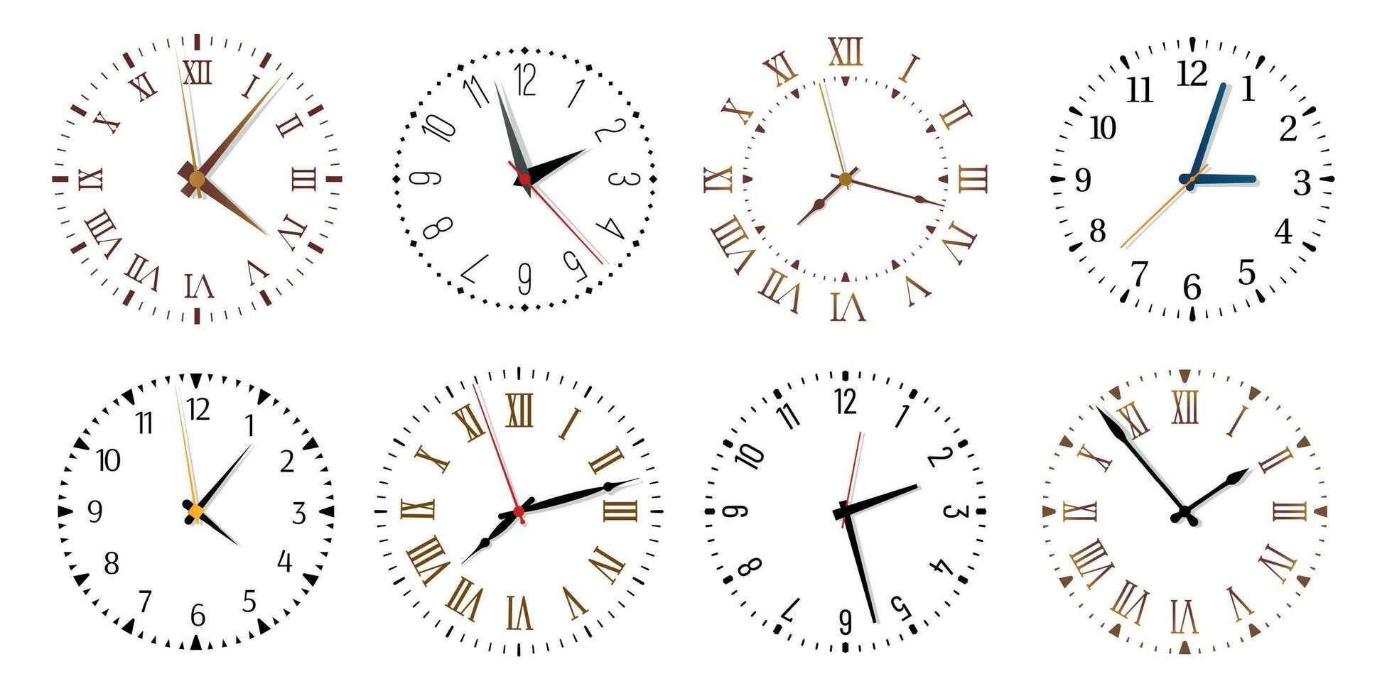 Modern clock faces. Minimalist watch, round clocks and watch face isolated vector set