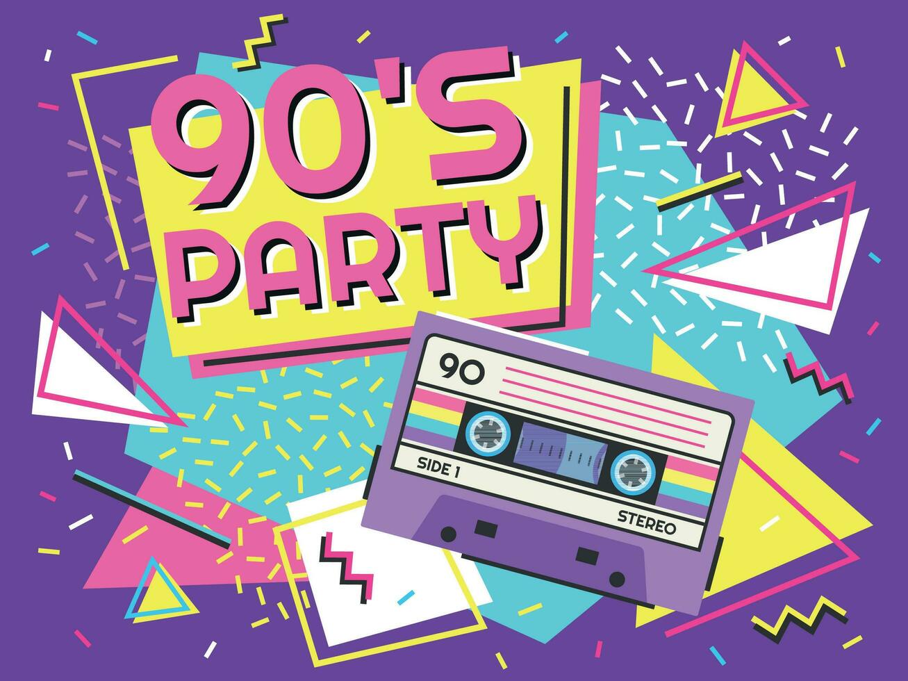 Retro party poster. Nineties music, vintage tape cassette banner and 90s style vector background illustration