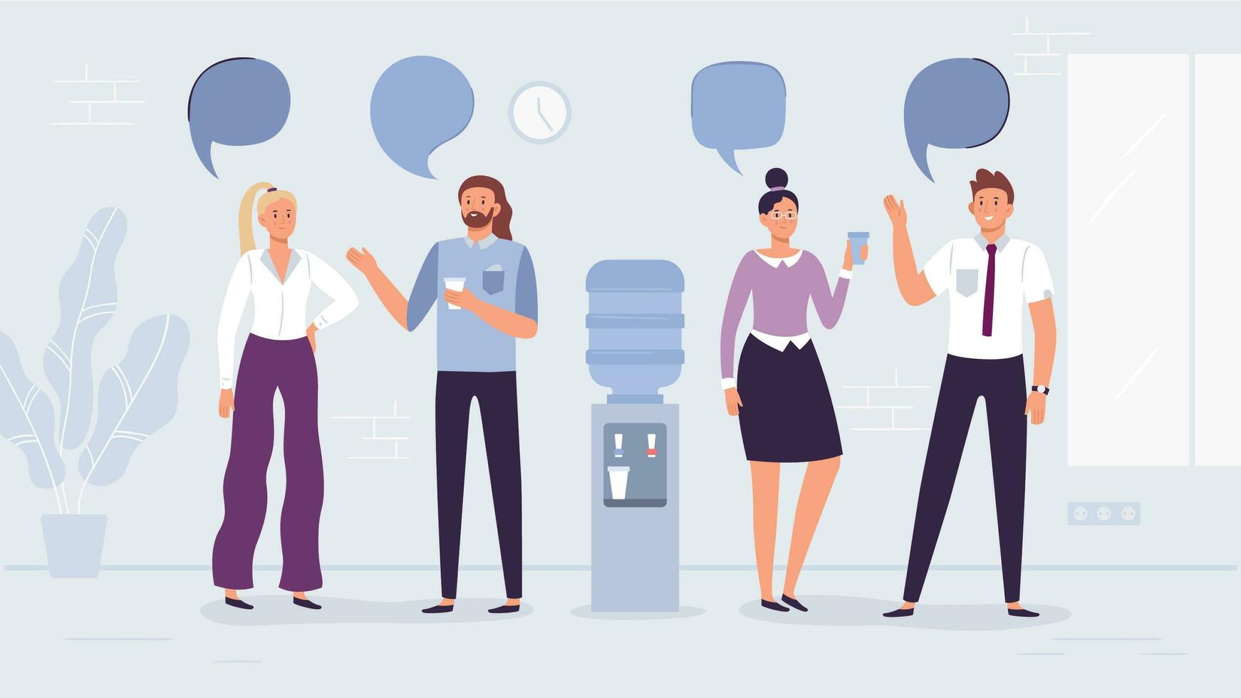 Water cooler talk. Office workers conversation, people drink water and talking with speech bubbles vector illustration