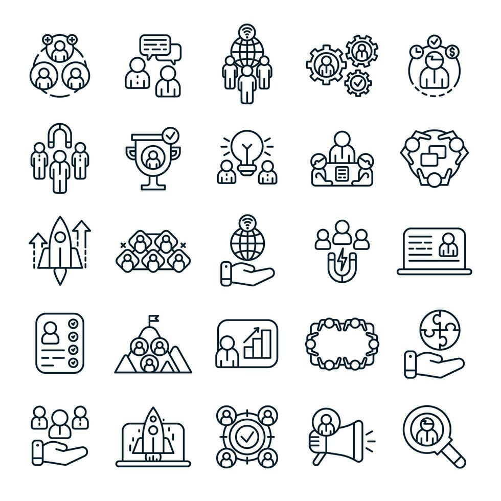 Business people outline icons. Office team brainstorm, business presentation and work partners. Teamwork line icon vector set