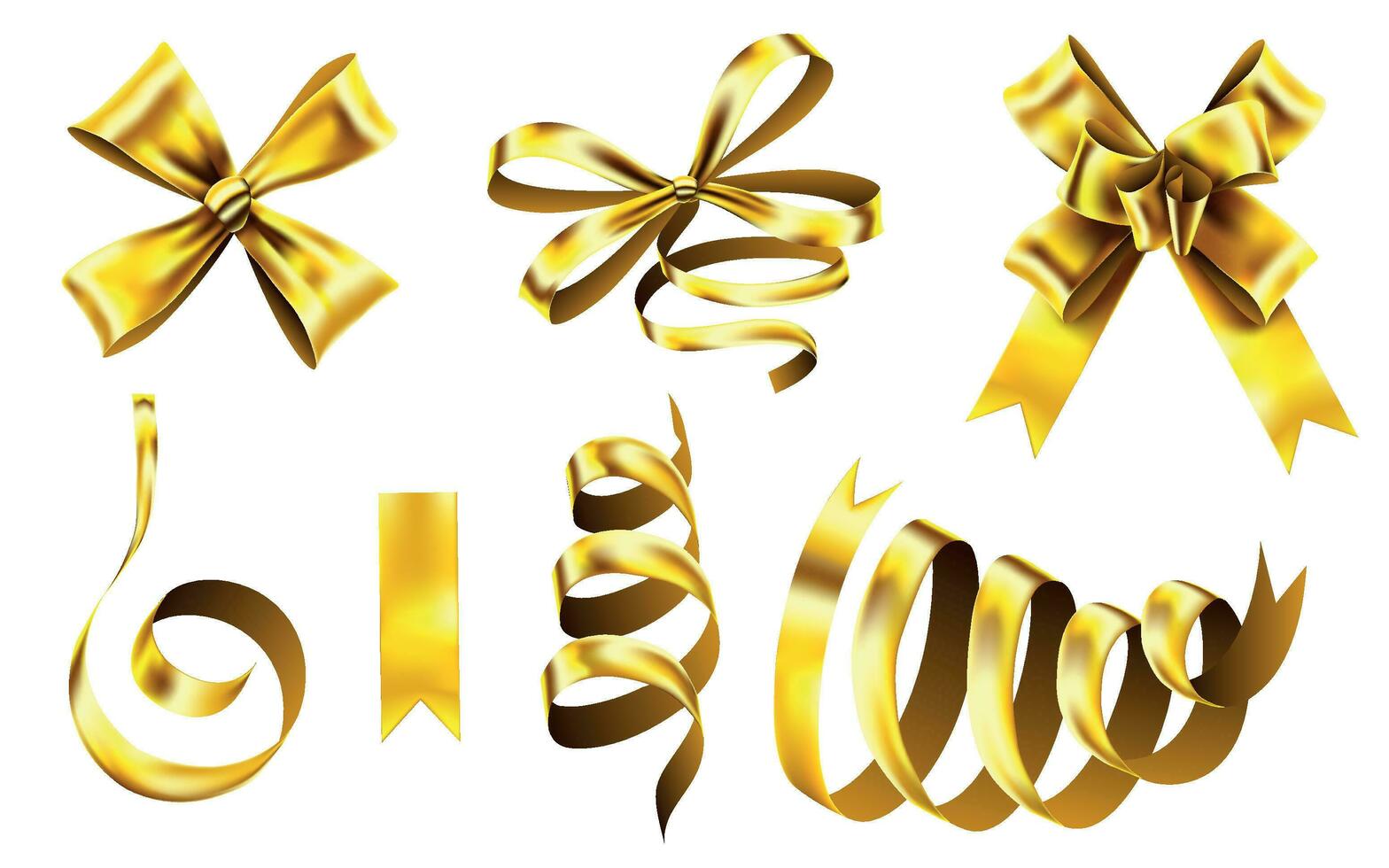 Realistic gold bows. Decorative golden favor ribbon, christmas gift wrapping bow and shiny ribbons 3D vector illustration set