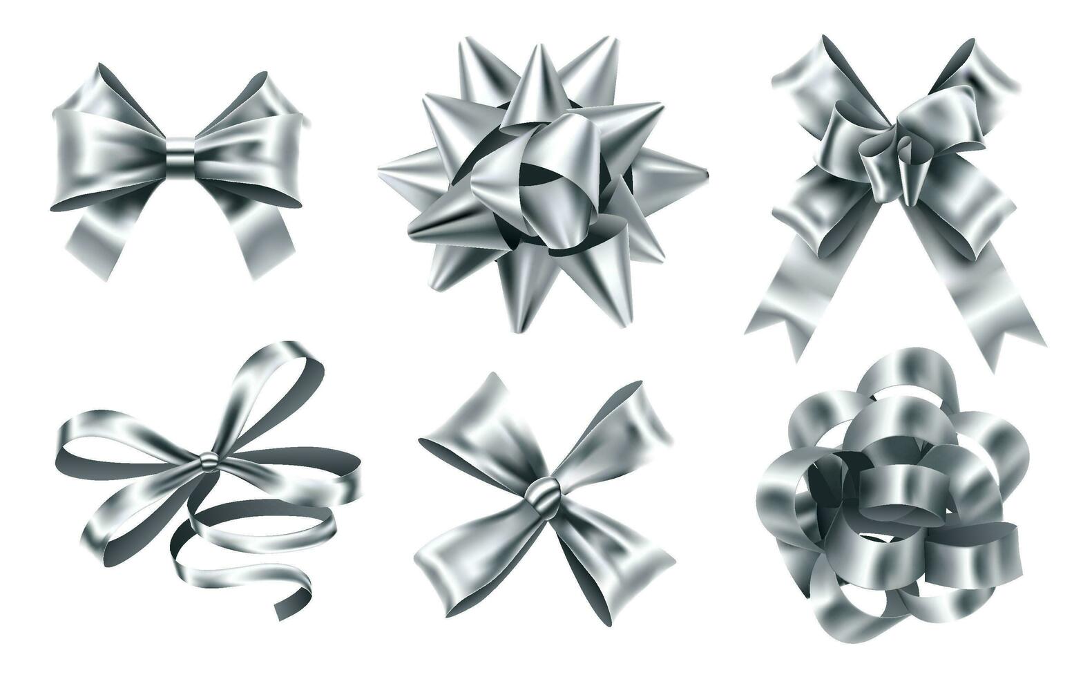 Realistic silver foil bows. Decorative bow, metallic favor ribbon and christmas gift bows 3D vector illustration set