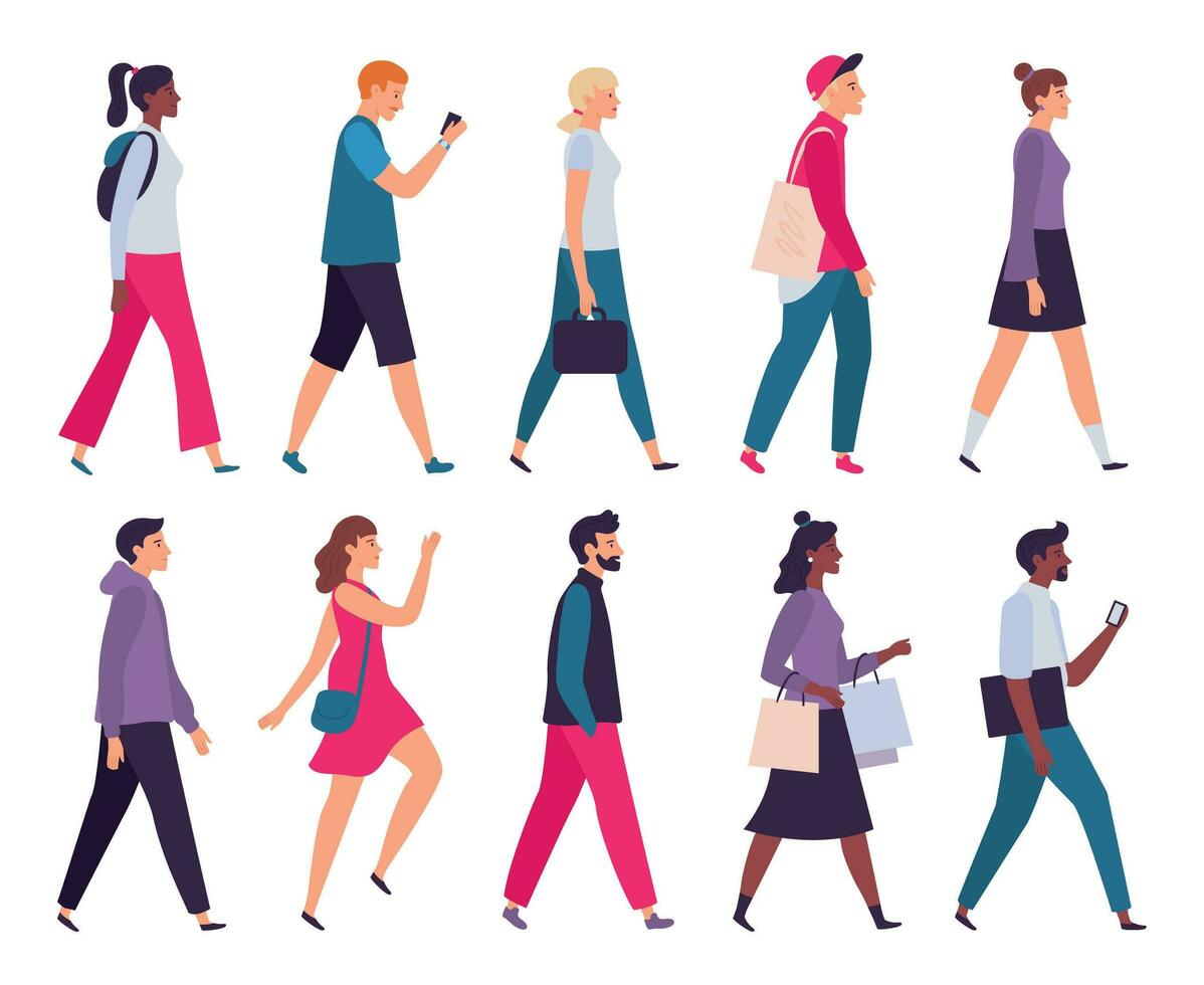 Walking people. Men and women profile, side view walk person and walkers characters vector illustration set