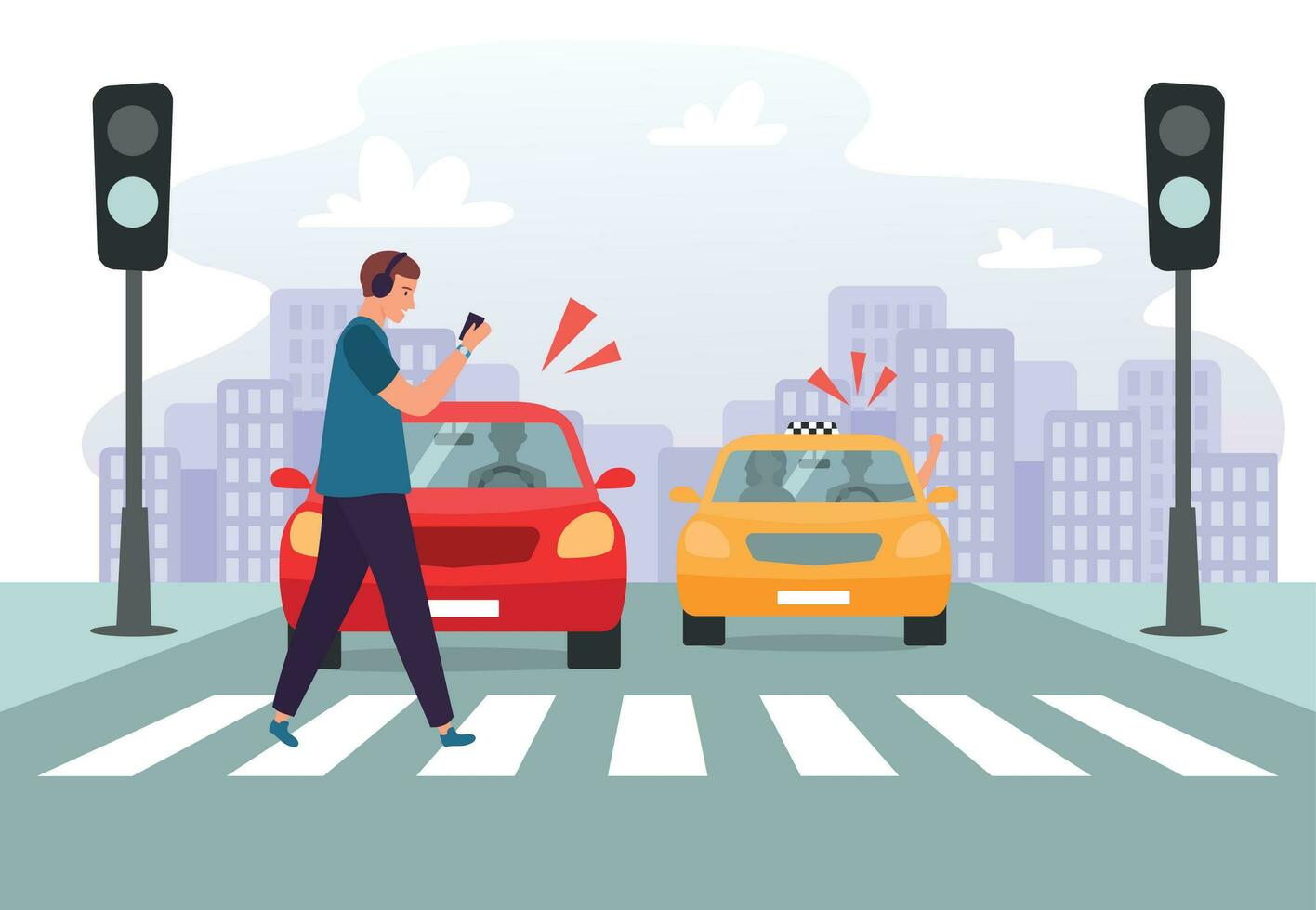 Crosswalk accident. Pedestrian with smartphone and headphones crossing road on red traffic lights, road safety vector illustration