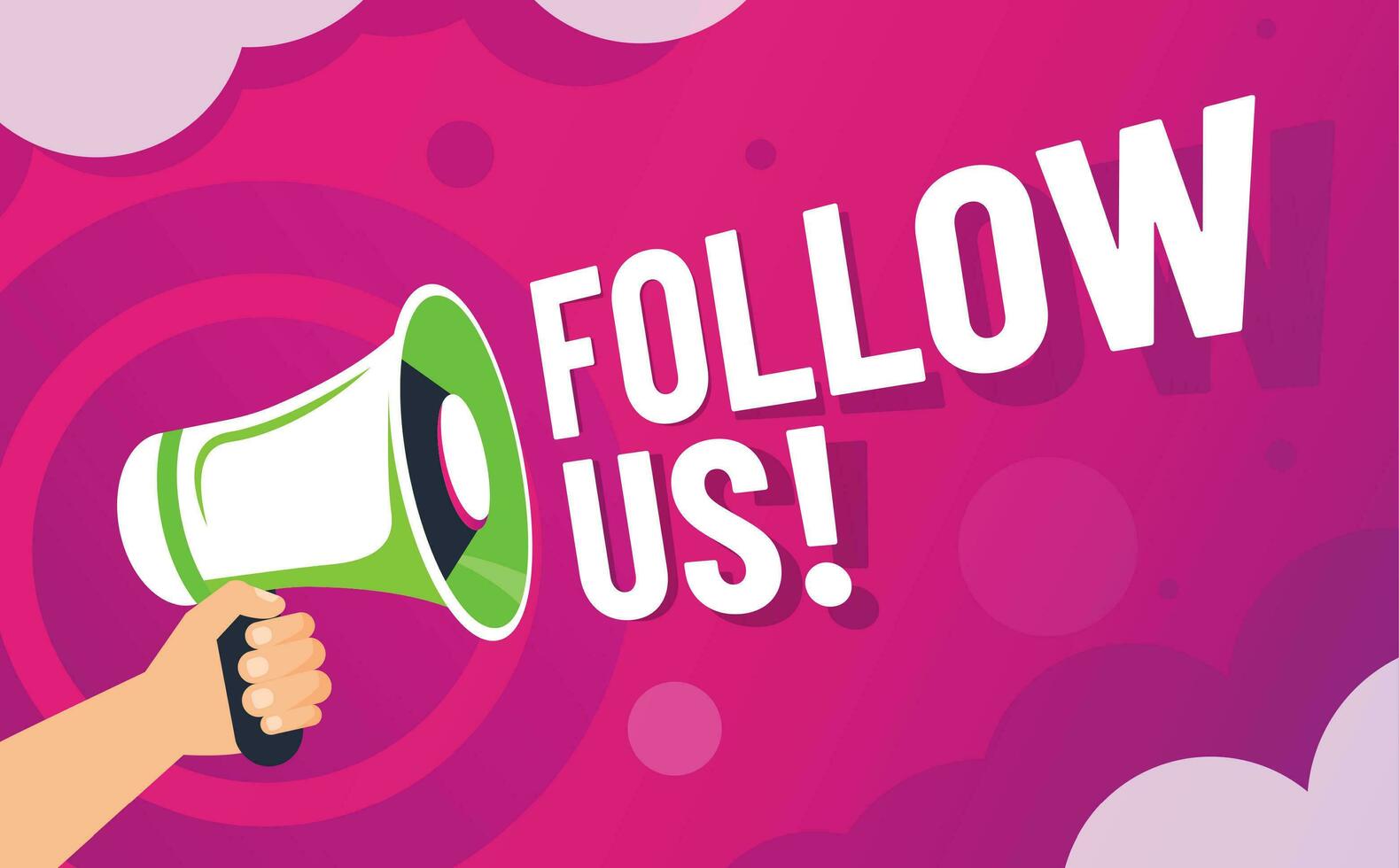 Follow us banner. Loudspeaker in hand invite followers, online social media brand communication and following vector illustration