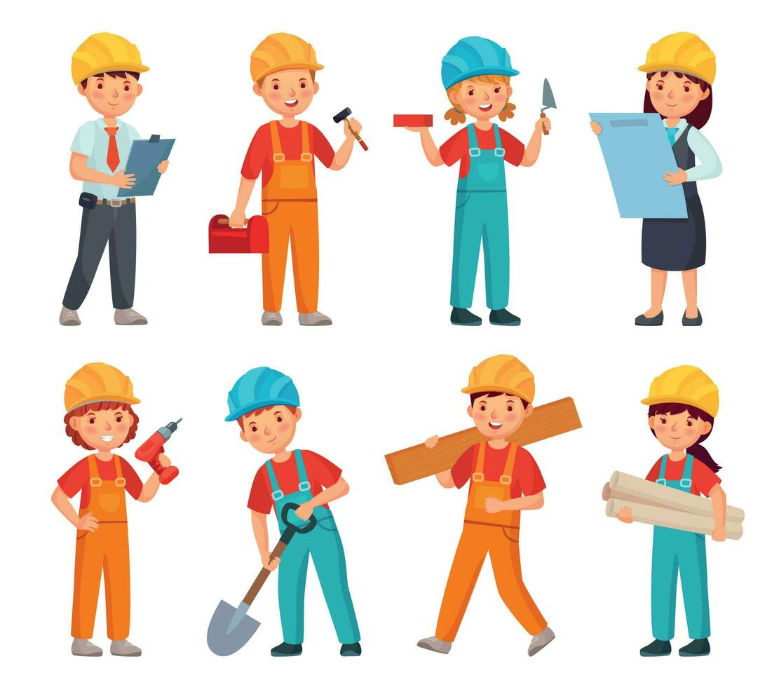 Kids builders. Little boys and girls in builder work suit, children in construction helmet and engineering costumes cartoon vector set