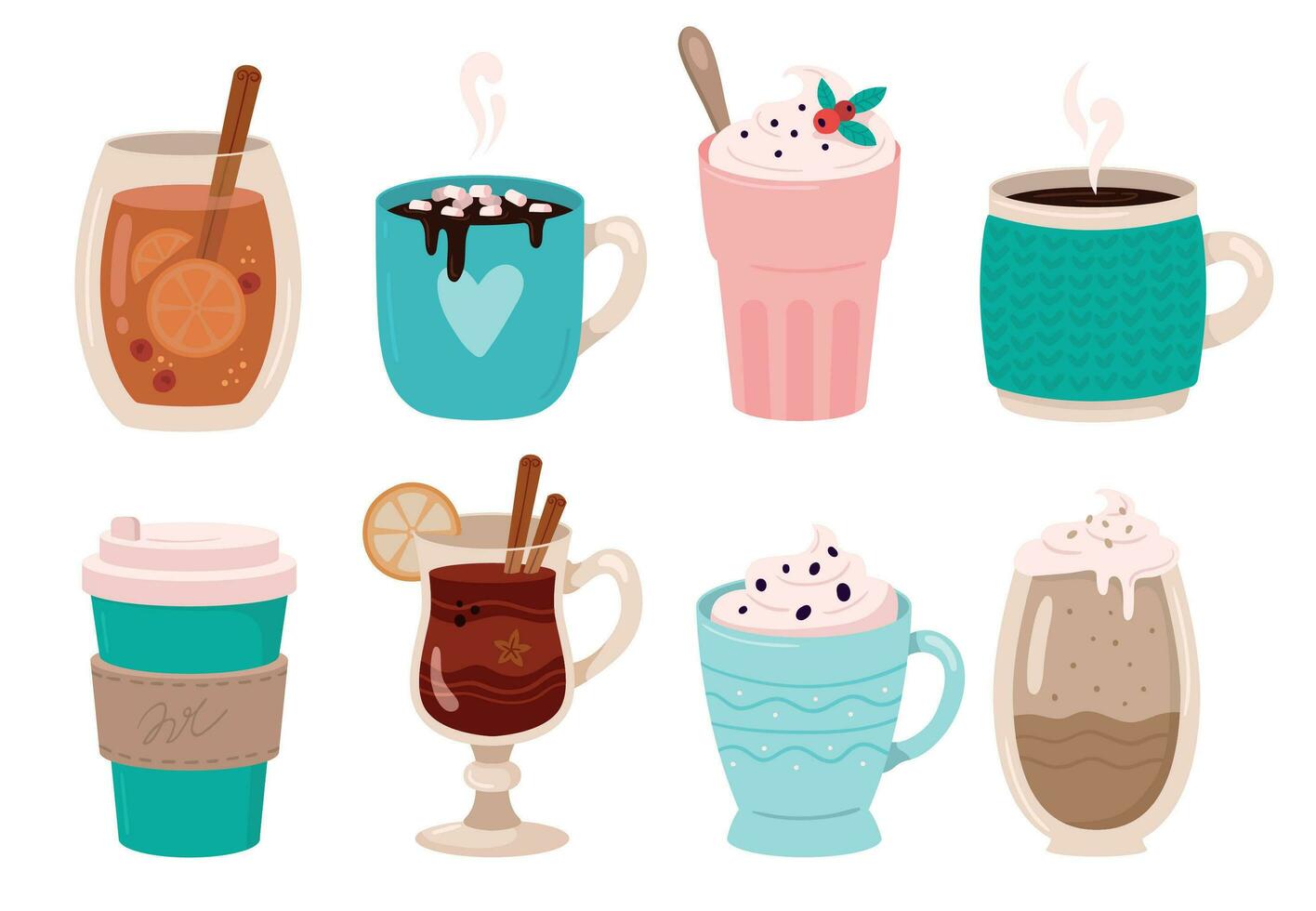 Warming winter drinks. Hot chocolate, cocoa with marshmallows and whipped cream. Mulled wine in winters mug vector illustration set