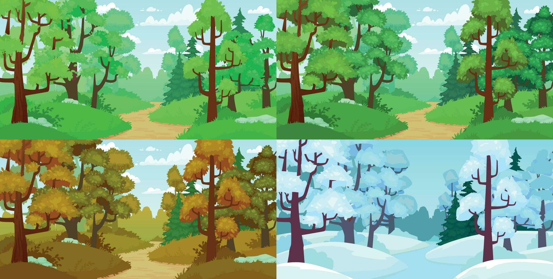 Forest path. Spring and summer trees, autumn leaves and winter forest trees. Four seasons landscape cartoon vector illustration