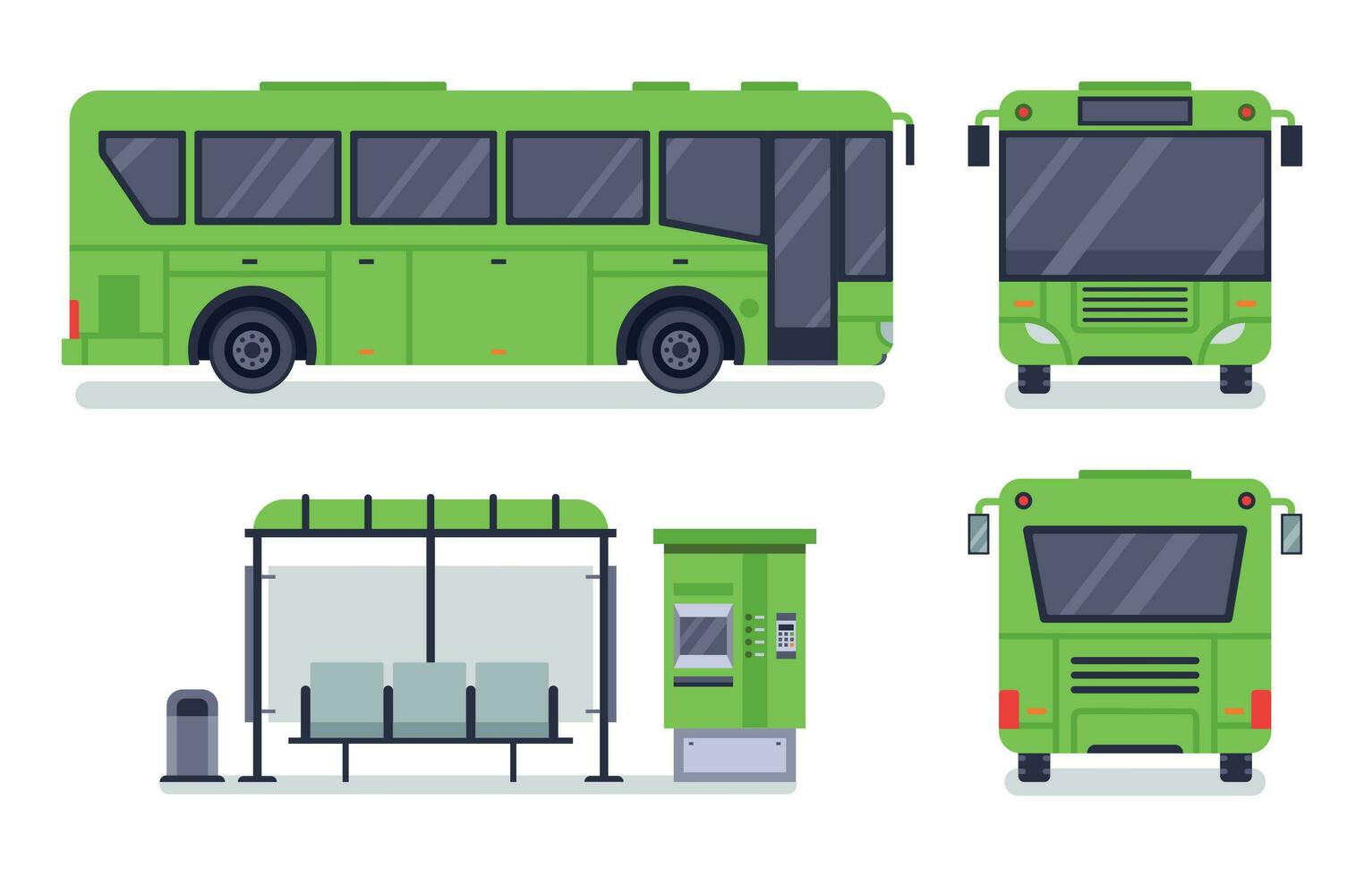 Flat city bus. Public transport stop, autobus ticket office and buses vector illustration set