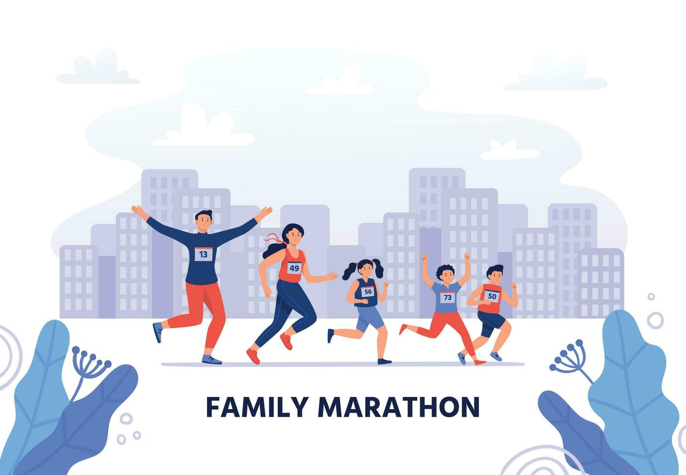 Family marathon. Happy parents run together with kids. Healthy lifestyle, jogging people vector illustration. Little children bonding with mother and father. People participate in sportive activity
