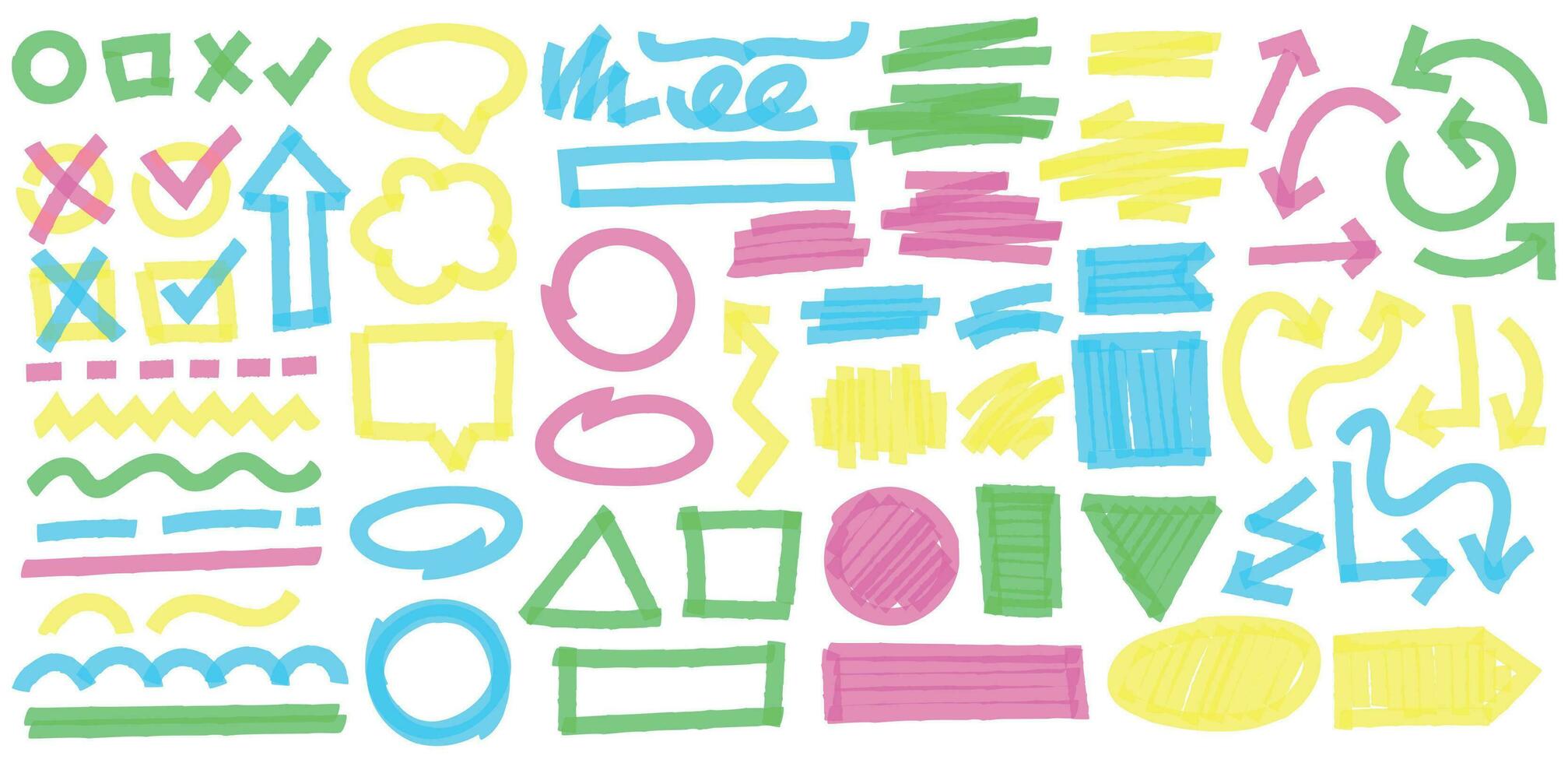 Color highlight marker strokes. Colorful markers cross and tick mark, doodle highlights arrows and marker stroke frames vector set. Multicolor symbols, arrows, speech bubbles and geometric shapes