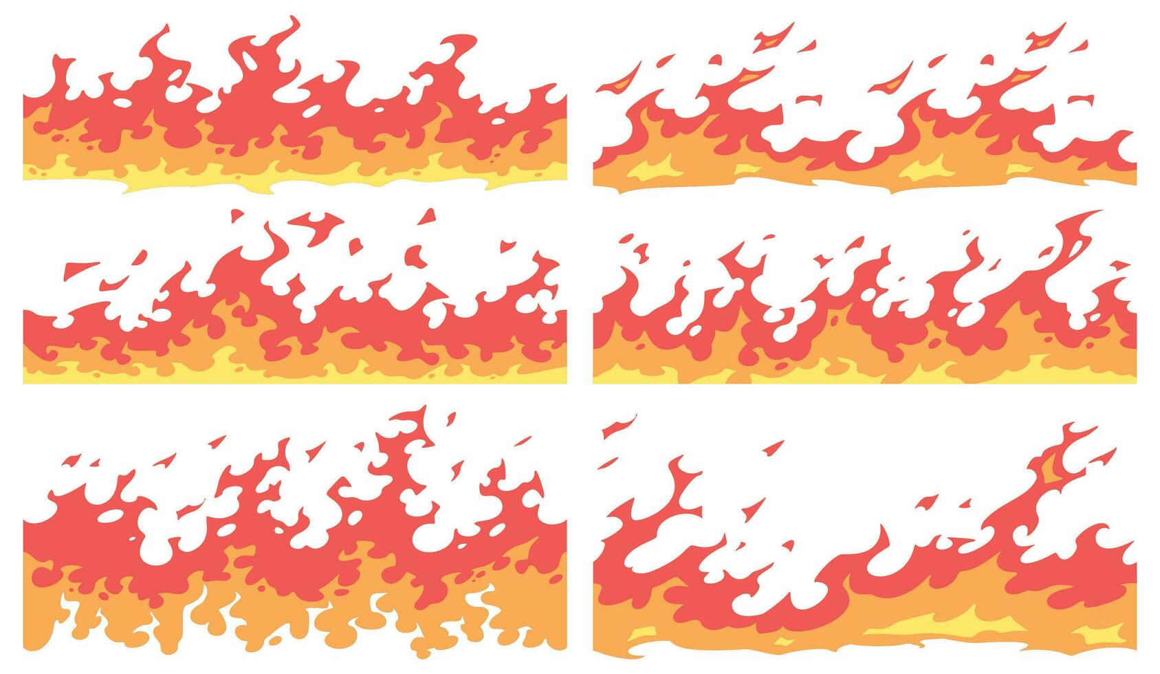 dibujos animados fuego borde. fuego divisor, brillante fuego llamas fronteras y sin costura resplandor vector conjunto