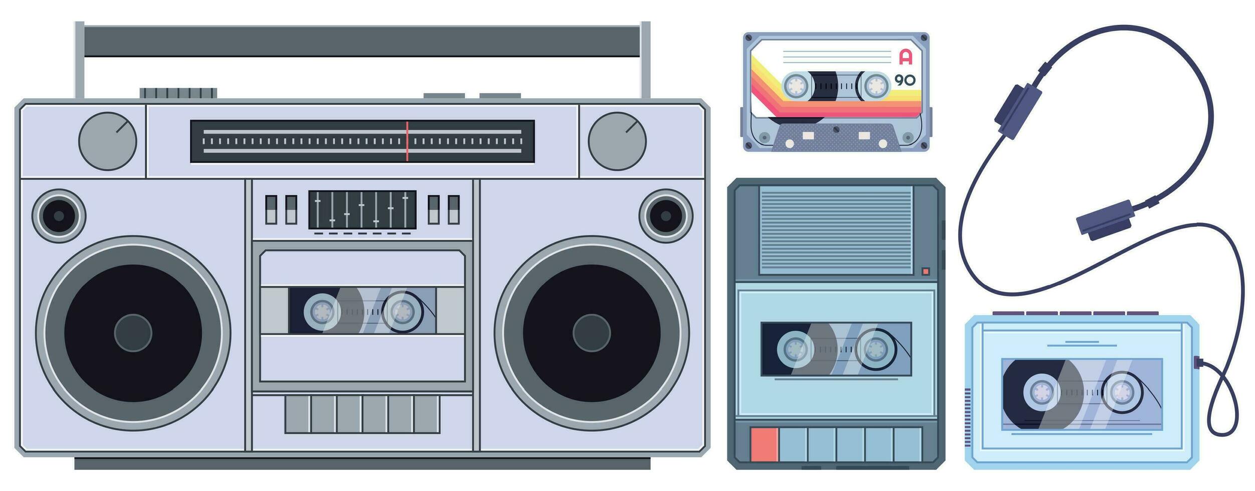 Retro tape player. Vintage cassette music players, old sound recorder and audio cassettes vector illustration set