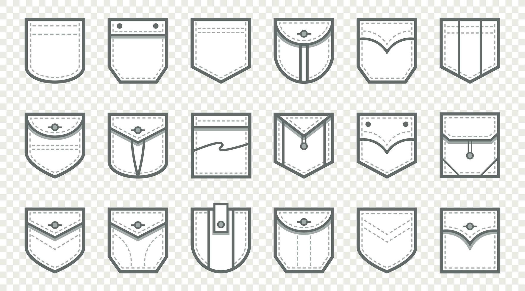 Patch pocket. Uniform clothes pockets patches with seam, patched denim pocket line icon vector set