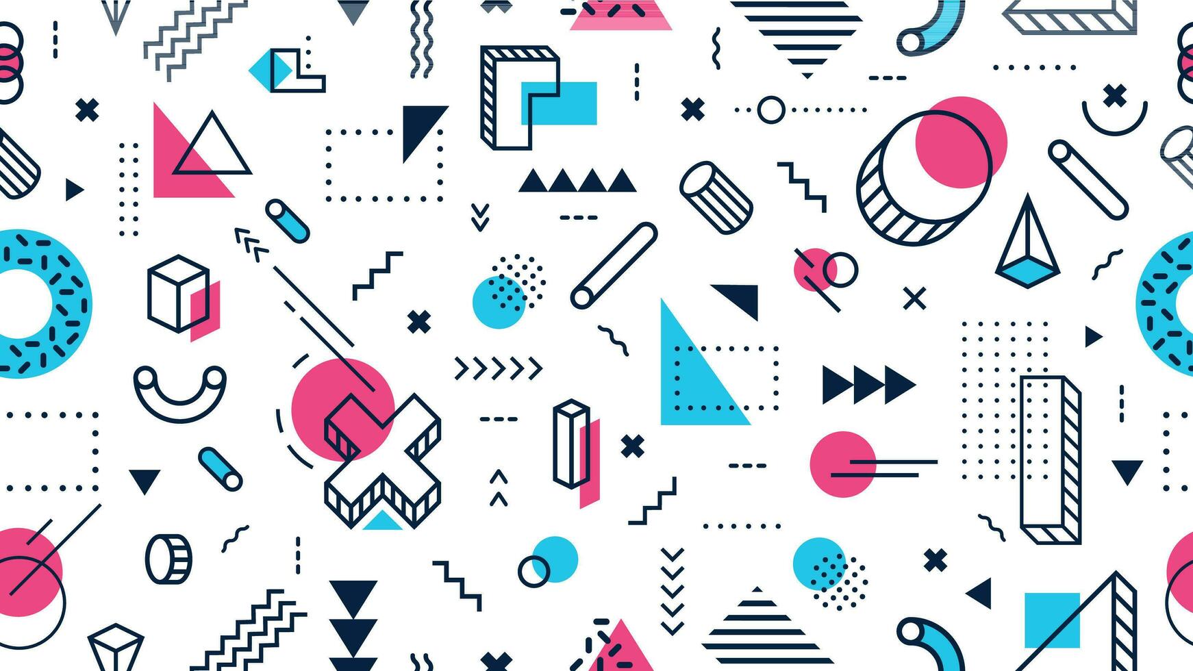 Colorful memphis style seamless pattern. Abstract geometric shapes, funky modern design and 80s memphis style vector background