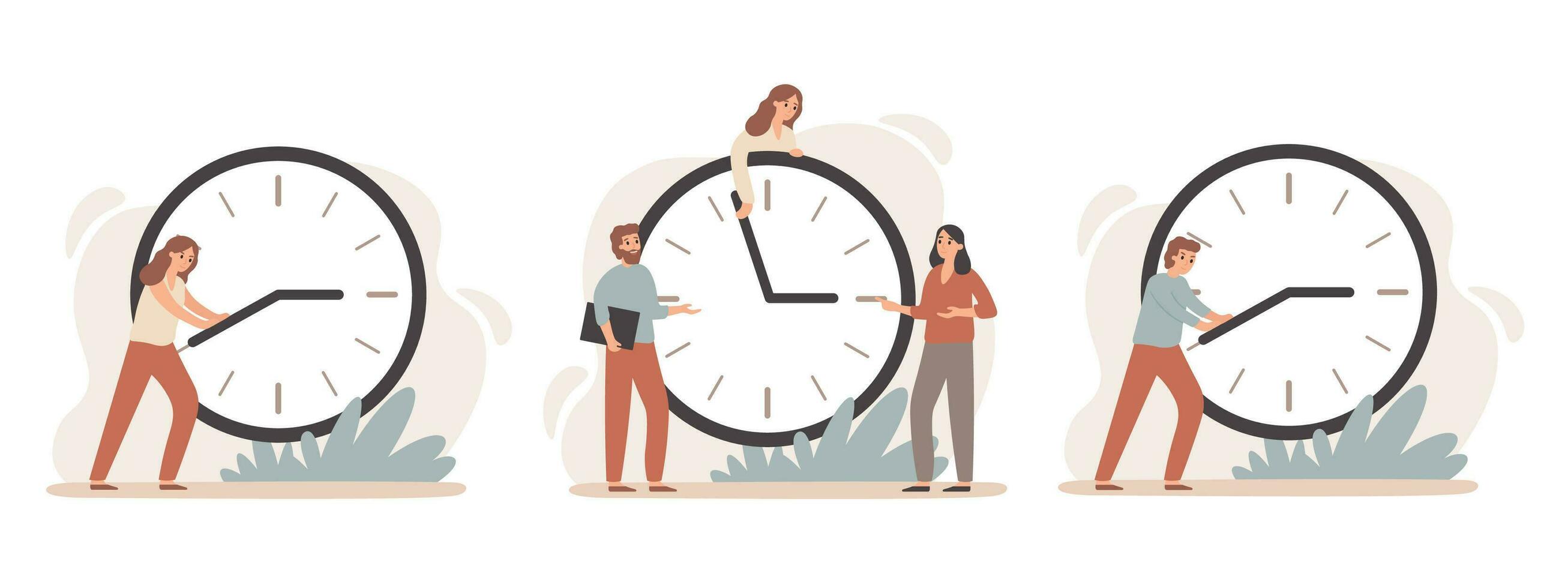 Efficiency work time. Working hours rate, business people work on clocks and time management deadline clock vector illustration set